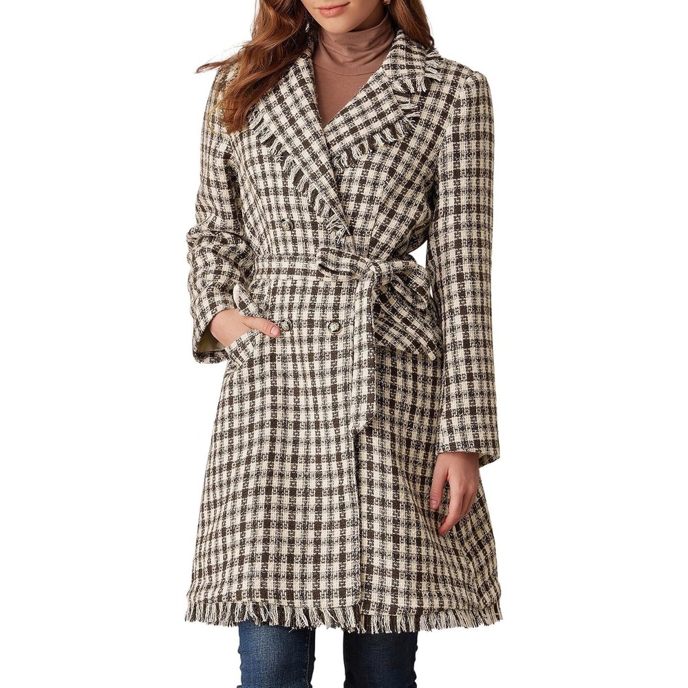 NWT Grace Karin Tweed Pea Coat Plaid Women Size XL Raw Edges Belted Cream Brown‎